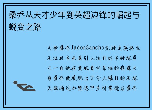 桑乔从天才少年到英超边锋的崛起与蜕变之路