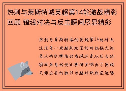热刺与莱斯特城英超第14轮激战精彩回顾 锋线对决与反击瞬间尽显精彩